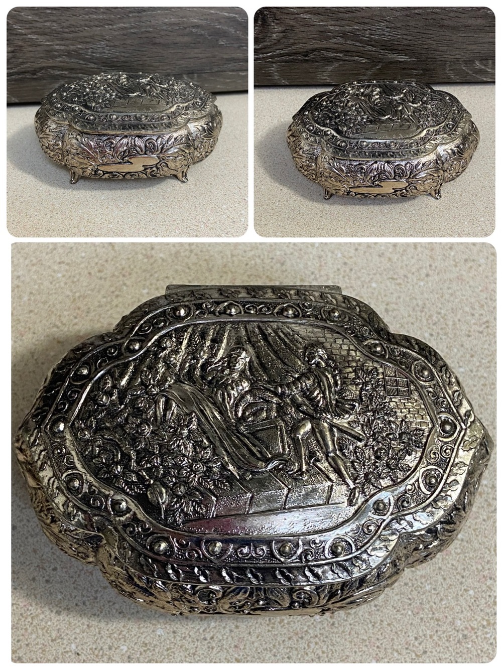 Vintage Japan Silver-Tone Metal Hinged Jewelry Trinket Box Red Felt Interior